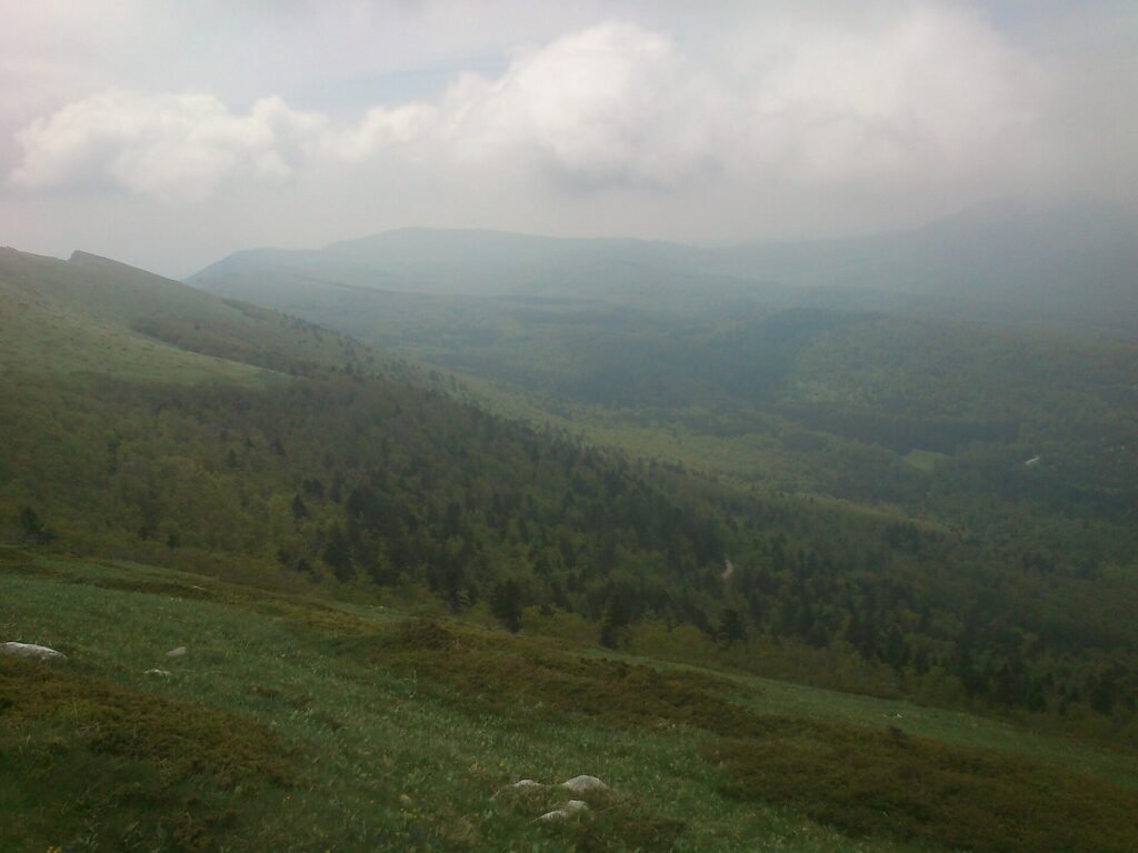 Vue au loin sur les prairies d'altitude du plateau d'Ambel